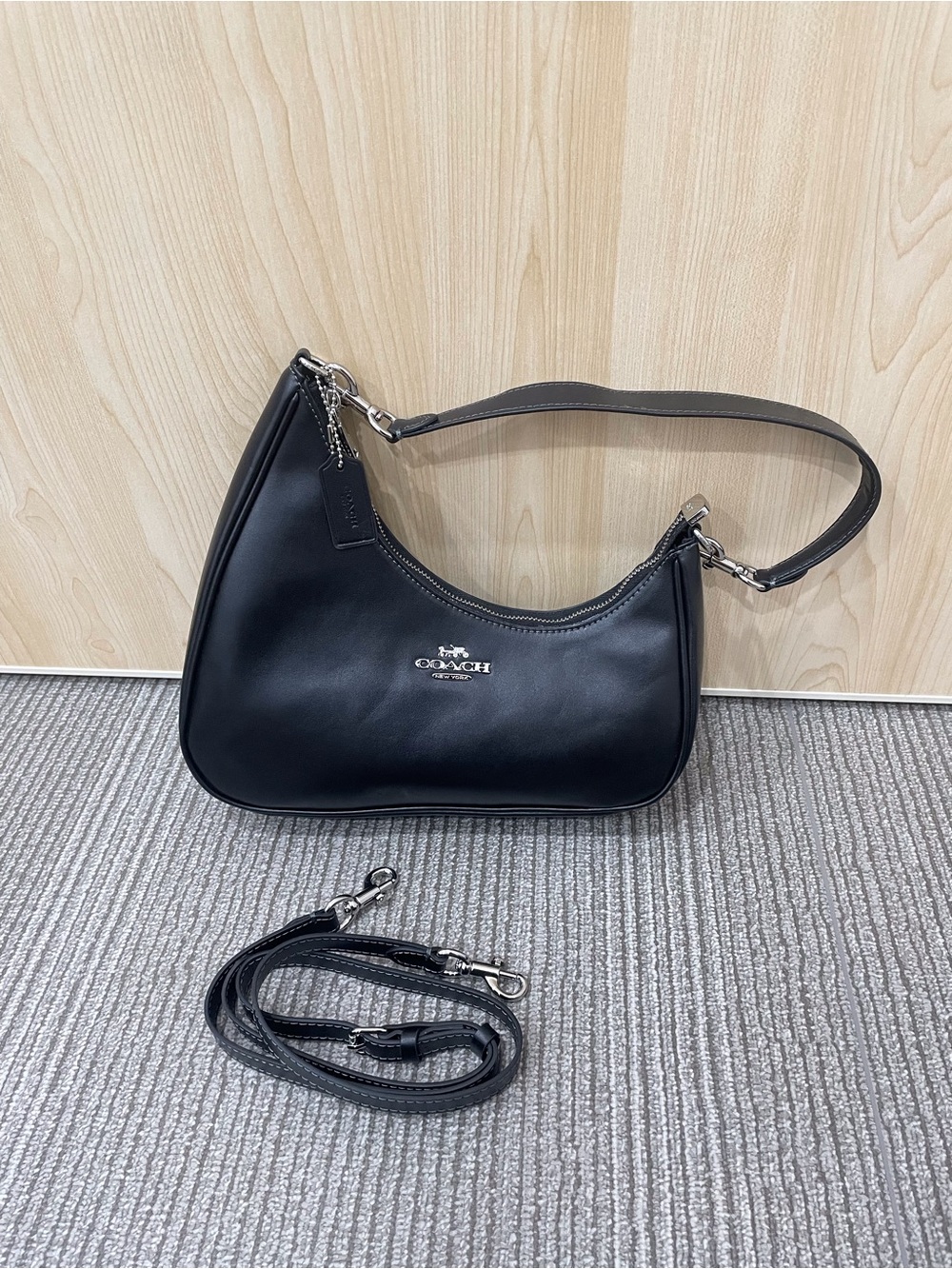 Coach Black Leather Shoulder Bag with Removable Strap